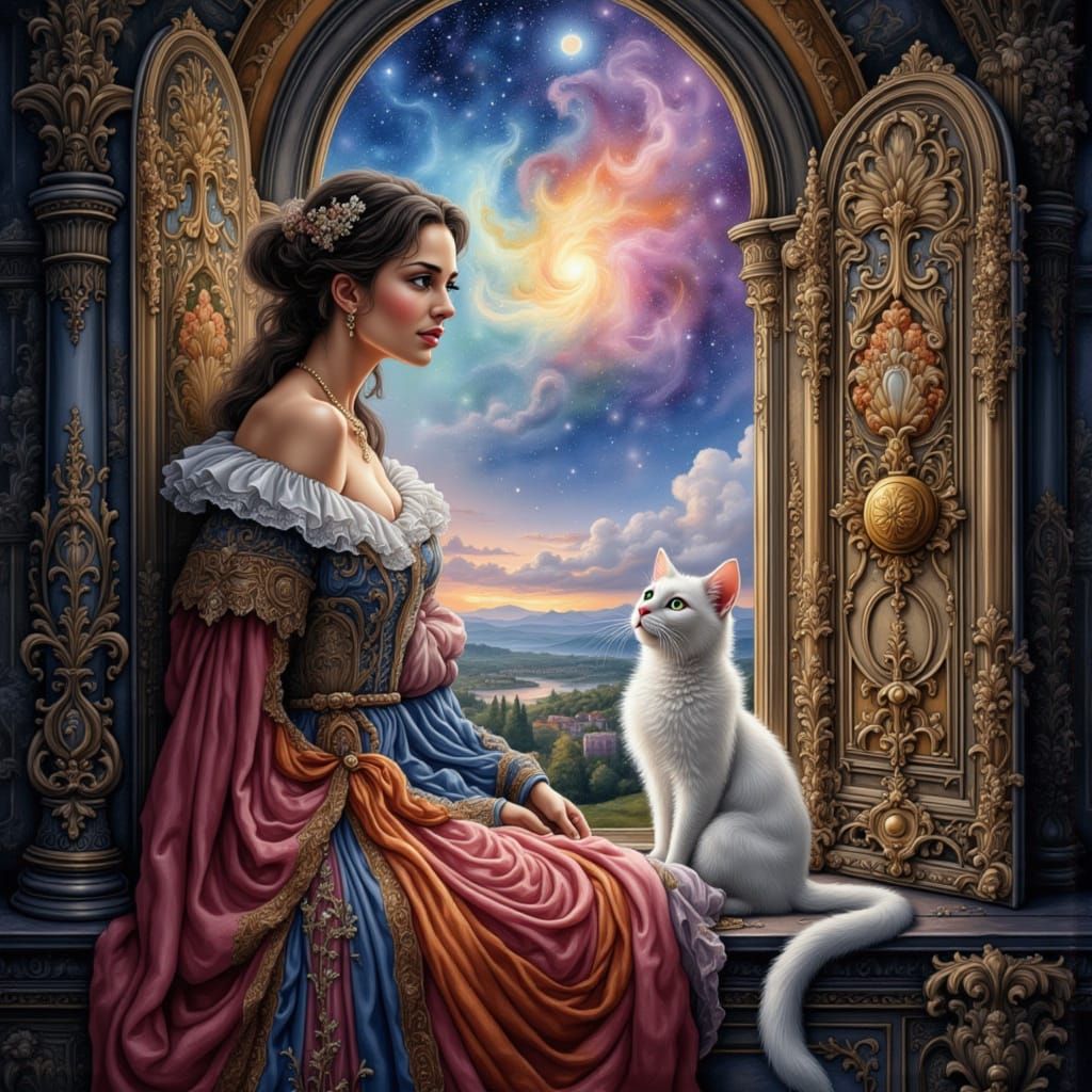 Baroque Woman Contemplates Nebula With Cat