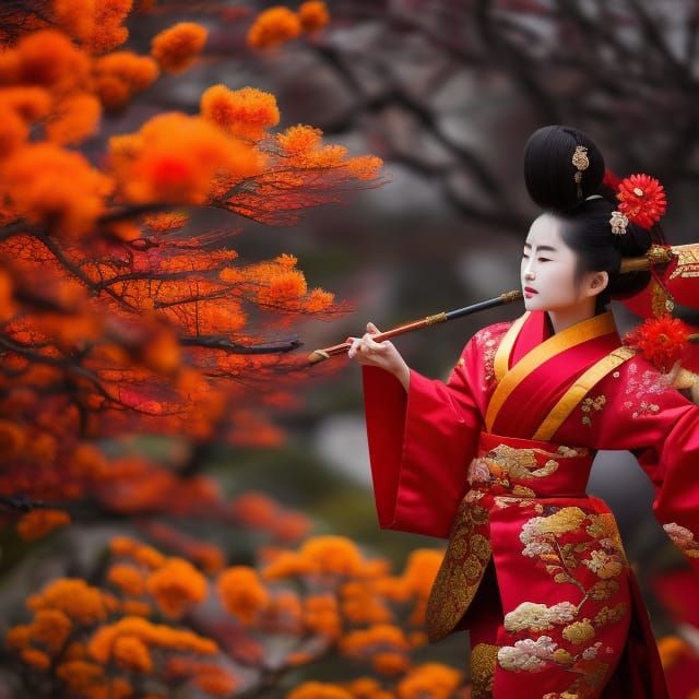 Fiery Kimono Woman in Japanese Palace, Digital Art