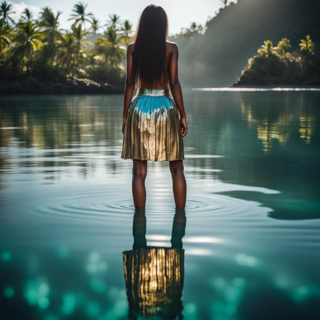Indigenous Woman in Crystal Water Back View