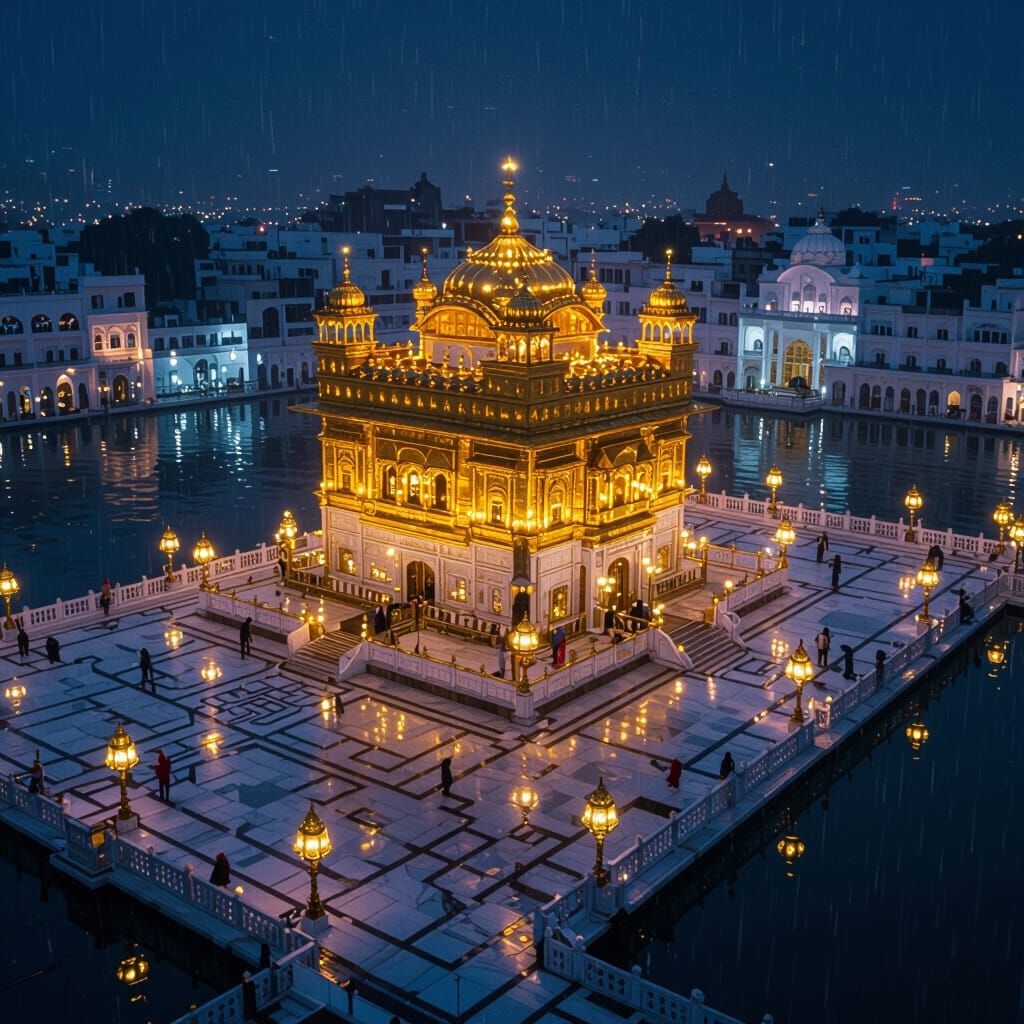 Golden Temple Bird's-Eye View at Night in Monsoon