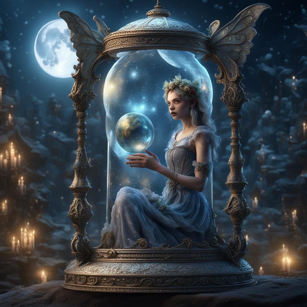 Ethereal Fairy Trapped in Hourglass Under Moon