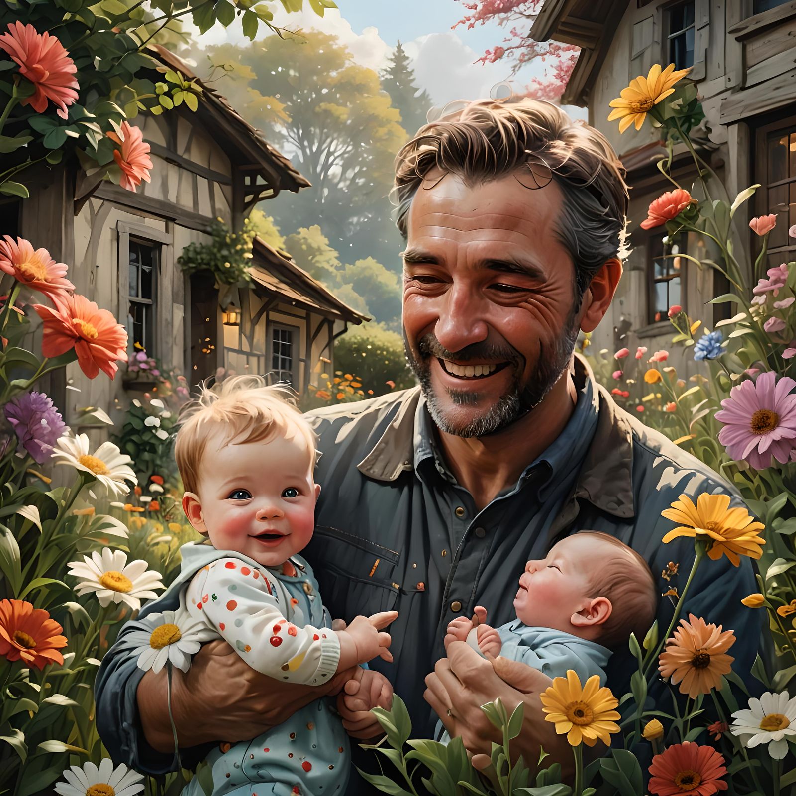 Charming Cottage Scene with Father and Baby