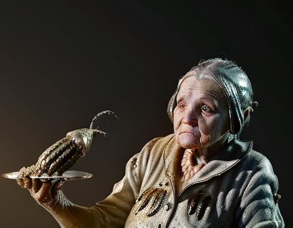 Old Woman Holds Giant Maggot in Art Deco Style