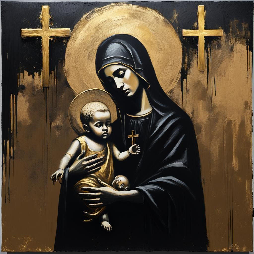 Black Madonna and Child Painting with Golden Gothic Cross