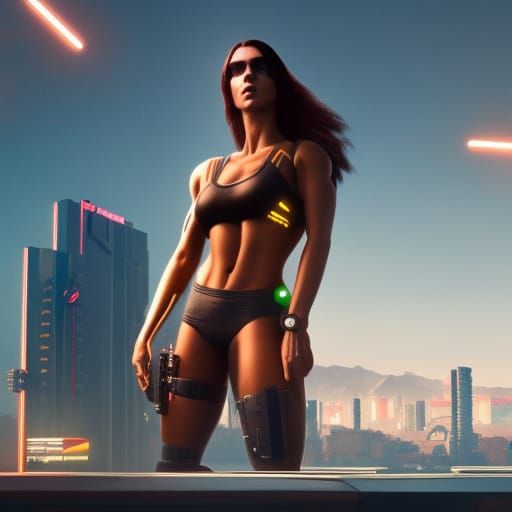 wet tanned big muscular female physique half cyborg enhanced female, siting roof top of building, sunny day, 4k