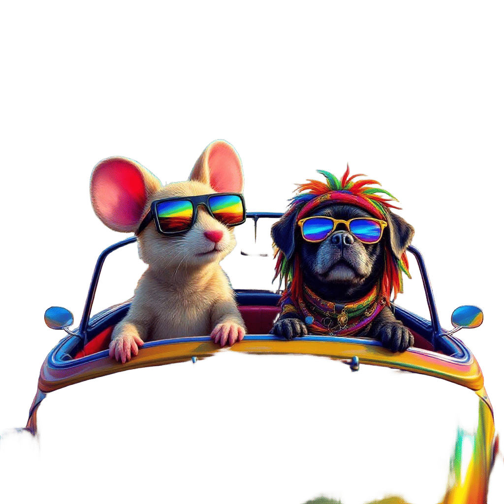 Psychedelic Mouse and Pug Road Trip in Digital Art