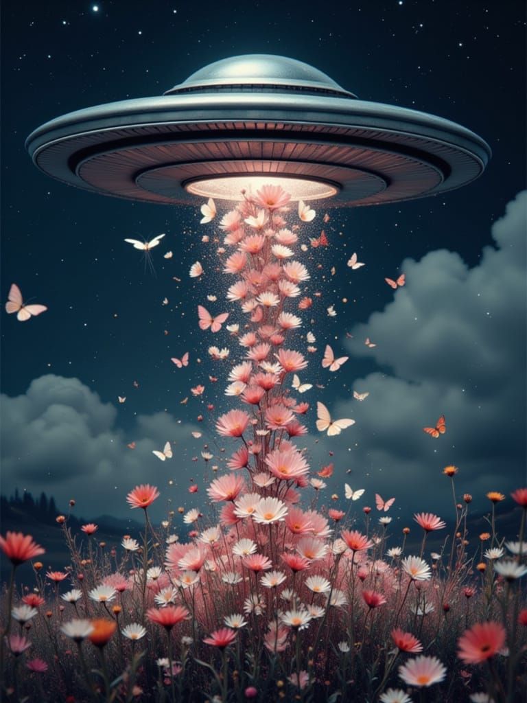 Ethereal UFO Showers Flowers on Dreamy Landscape