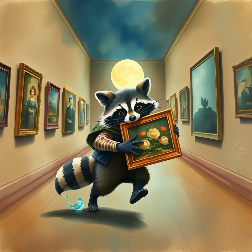 Raccoon Art Thief in Watercolor Ghibli Style