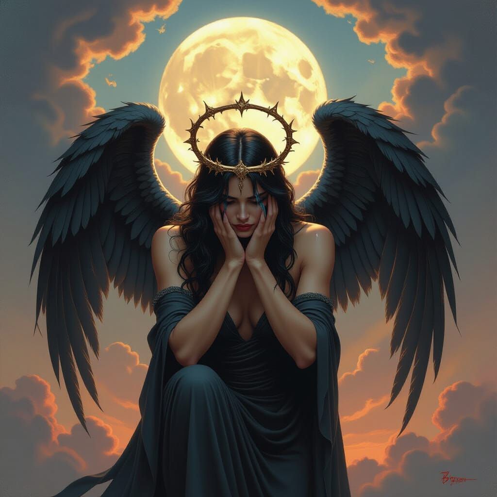 Fallen Angel Oil Painting in Ethereal Moonlight