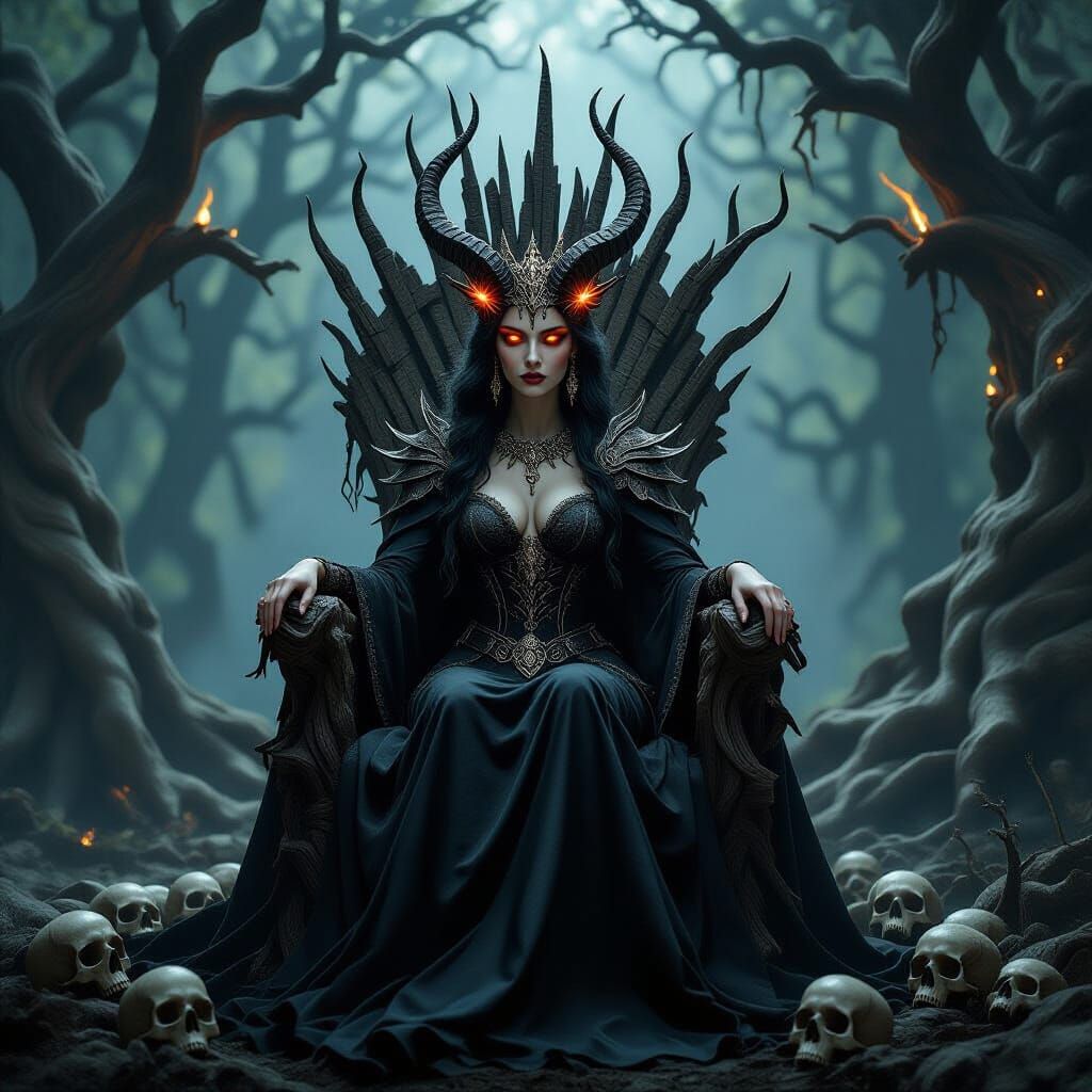 Demon Queen on Throne of Bones in Dark Forest