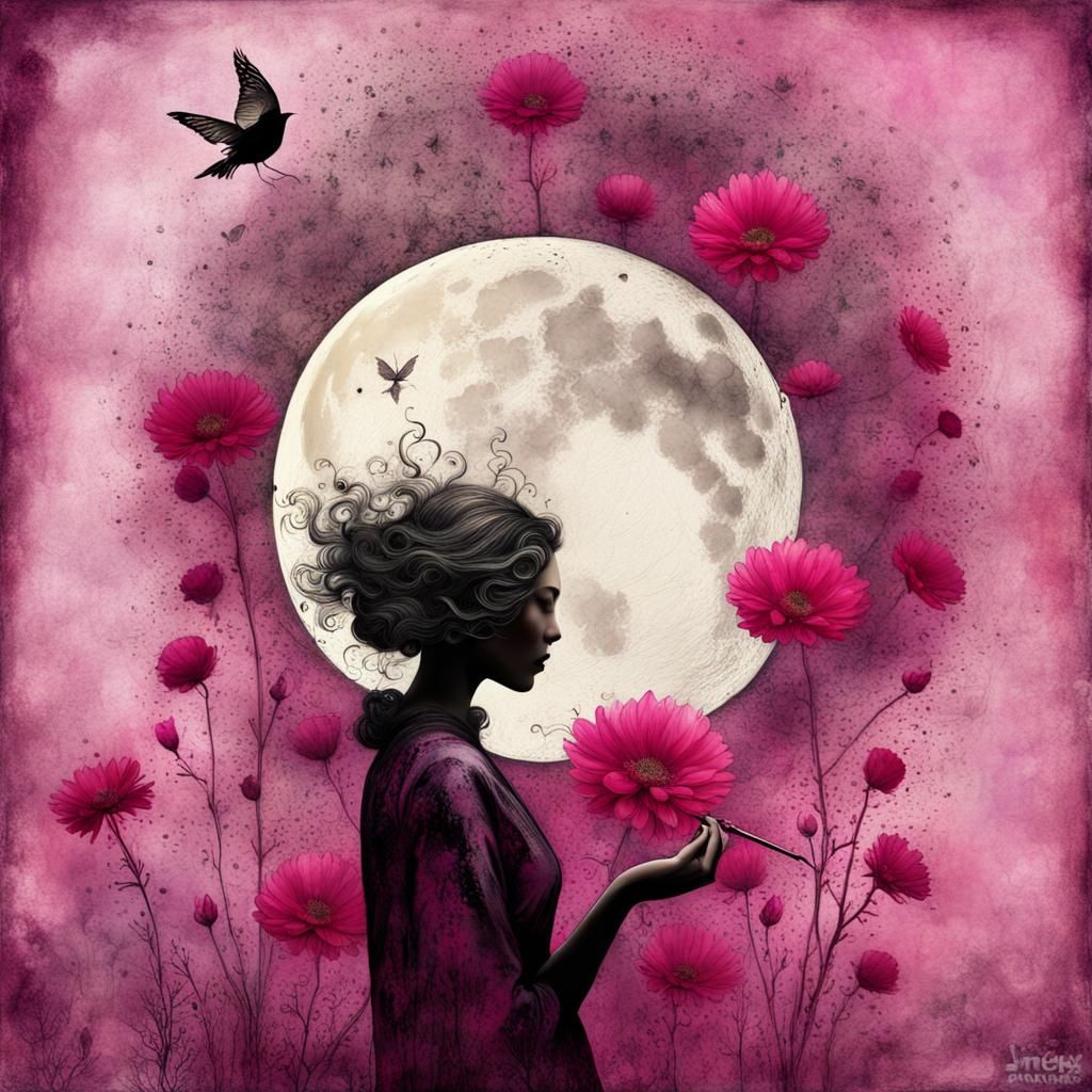 Surreal Magenta Woman with Flowers and Moon