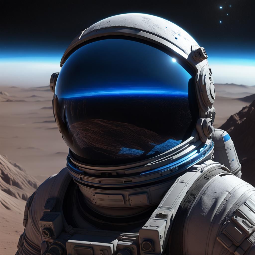 Astronaut's Visor Reflecting Blue Streaks on Barren Planet