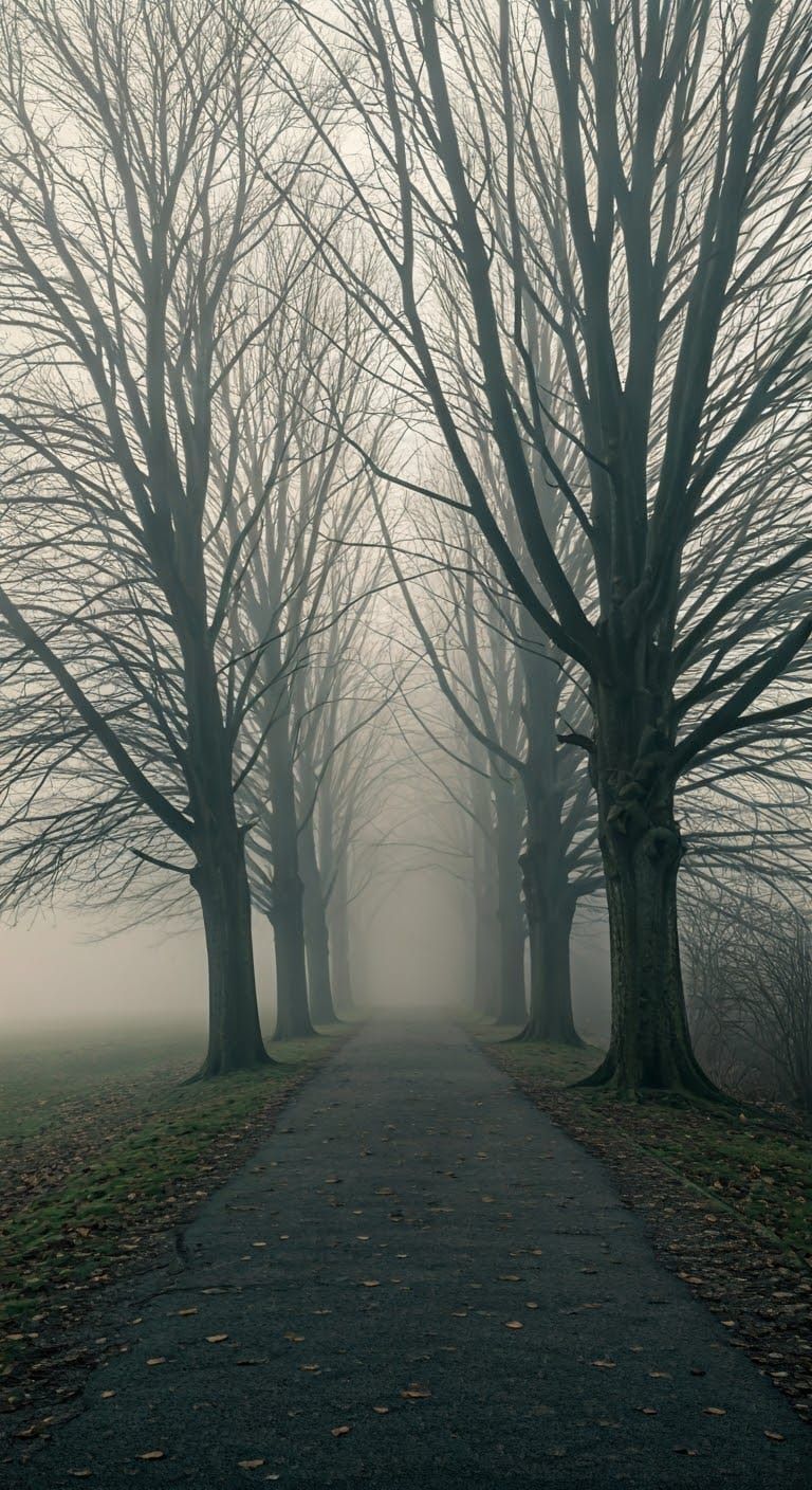 Eerie Foggy Path with Black Cat
