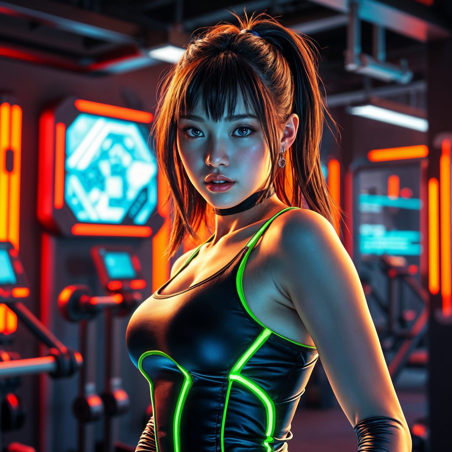 Jennie Kim Portrait in Futuristic Gym, Hyperdetailed Art