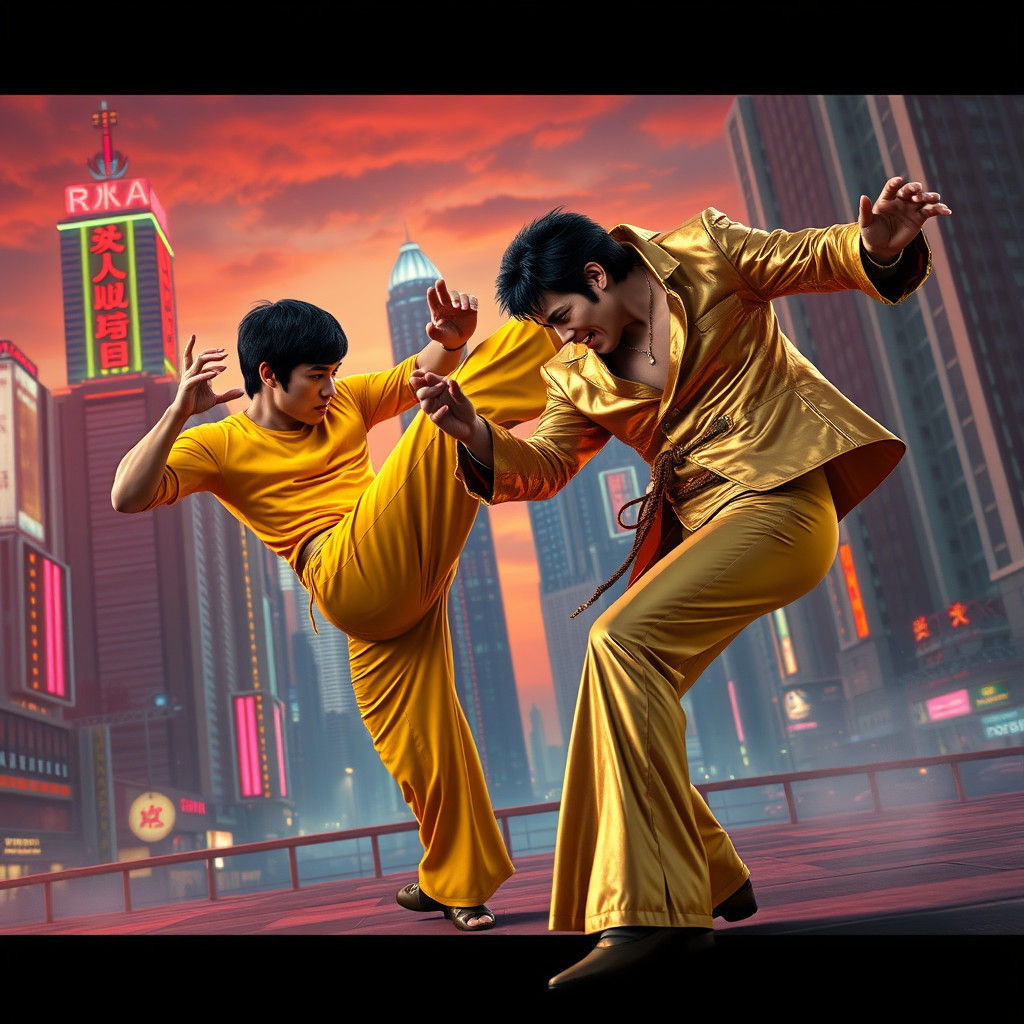 Bruce Lee vs Elvis: Kung Fu Showdown in Neon Hong Kong
