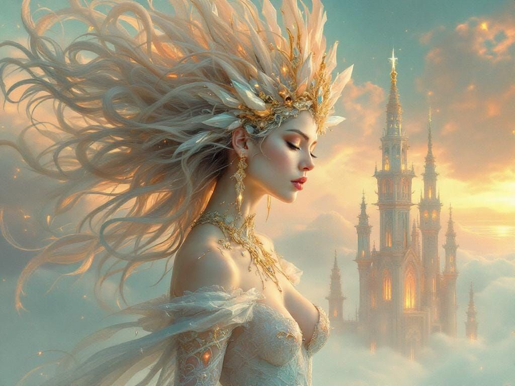 Divine Woman Merging into Gothic Architecture in Art Nouveau...