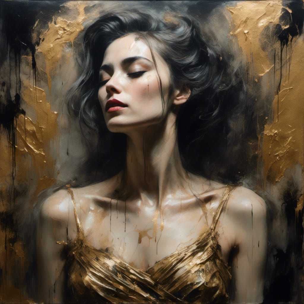 Macabre Oil Painting: 1950s Woman in Gold Dress