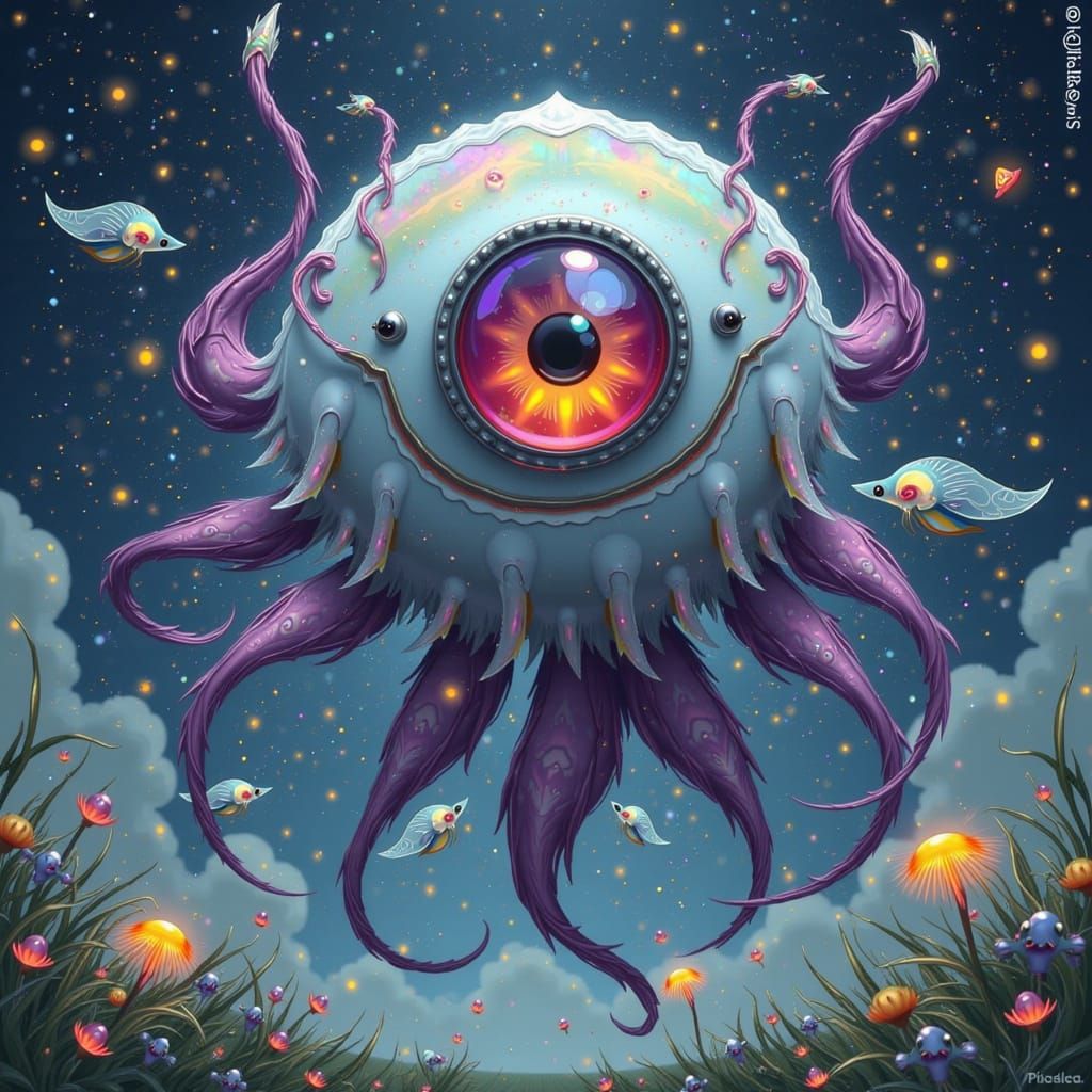 Whimsical Eyeball Monster with Glowing Tentacles in Fantasti...