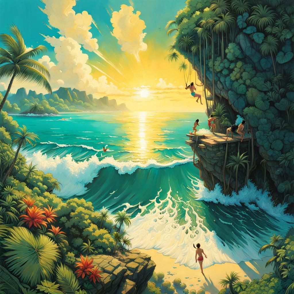 Tropical Island Cliff Jump in Vibrant Colors