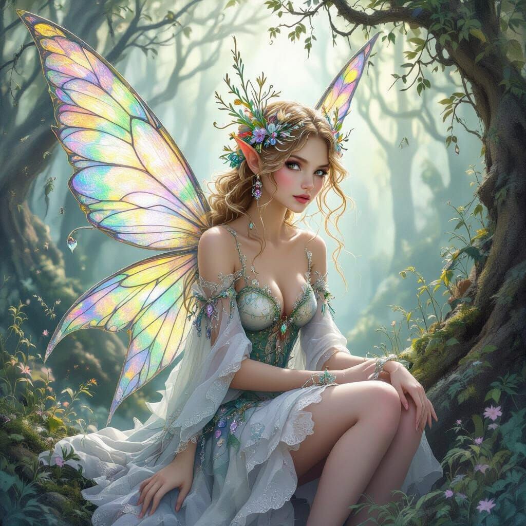 Ethereal Fairy in Mystical Forest, Digital Watercolor