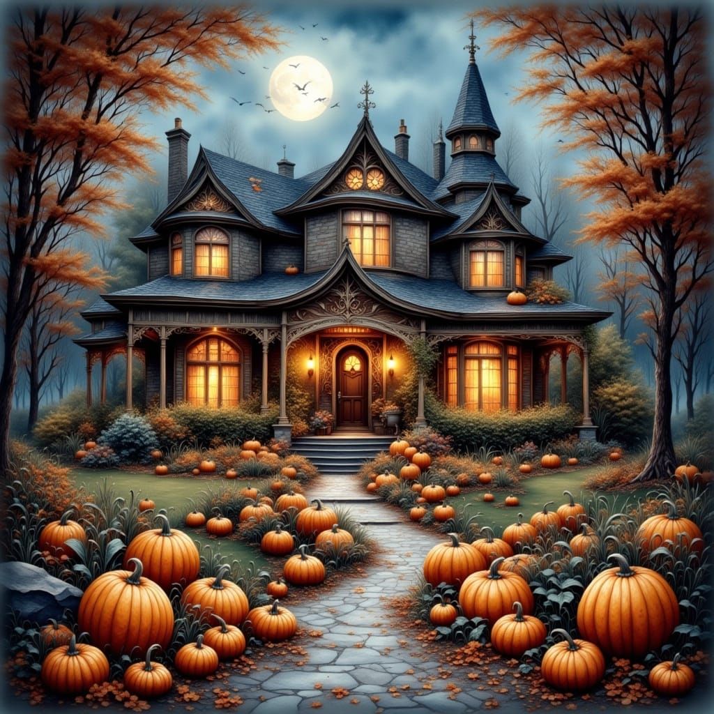 Halloween House Ready for Kids Festivities in Watercolor Sty...
