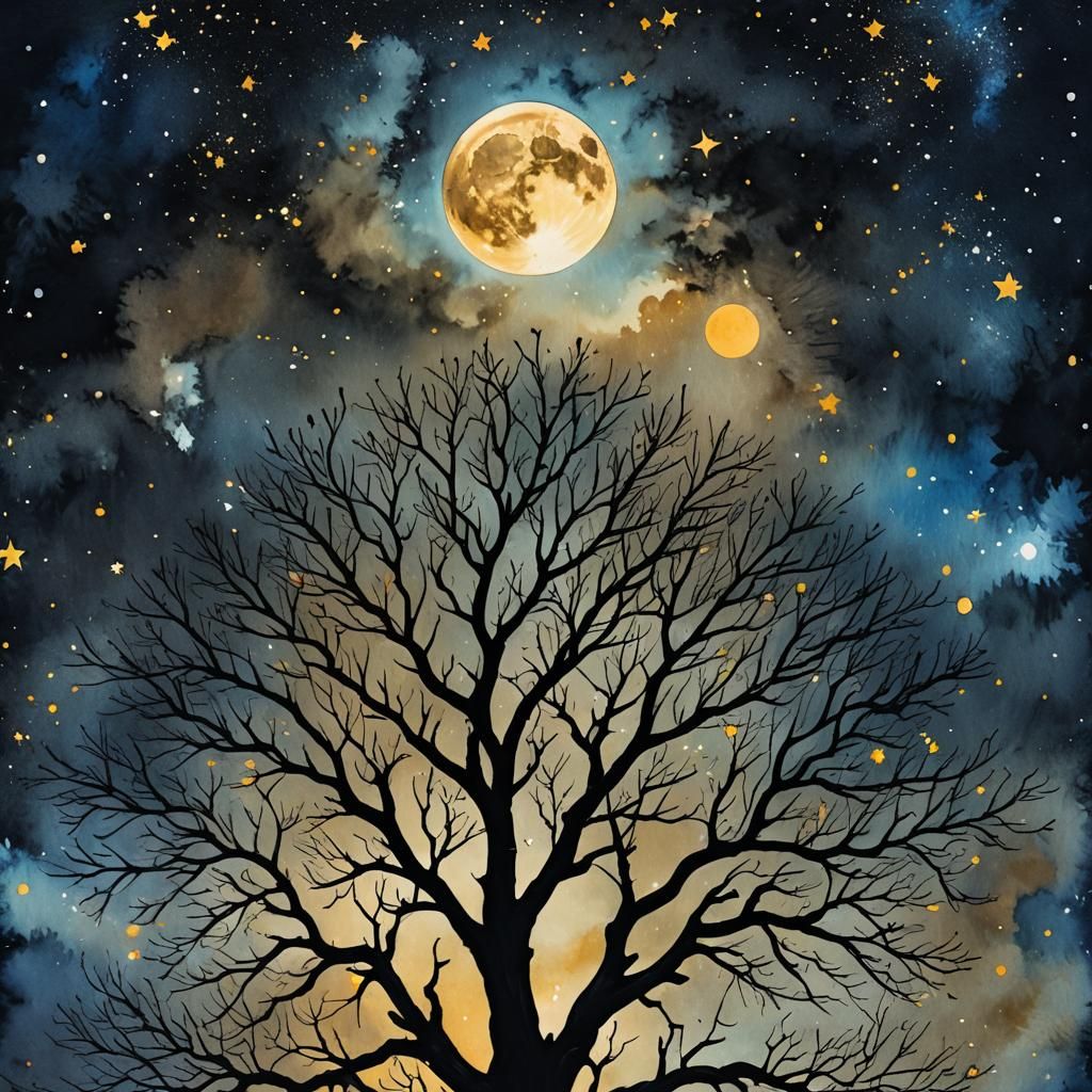 Dramatic Ink Painting of Starry Night Sky