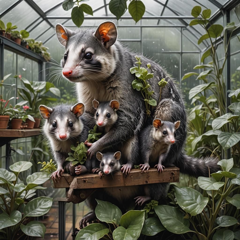 Possum Family Shelters in Greenhouse From Rain