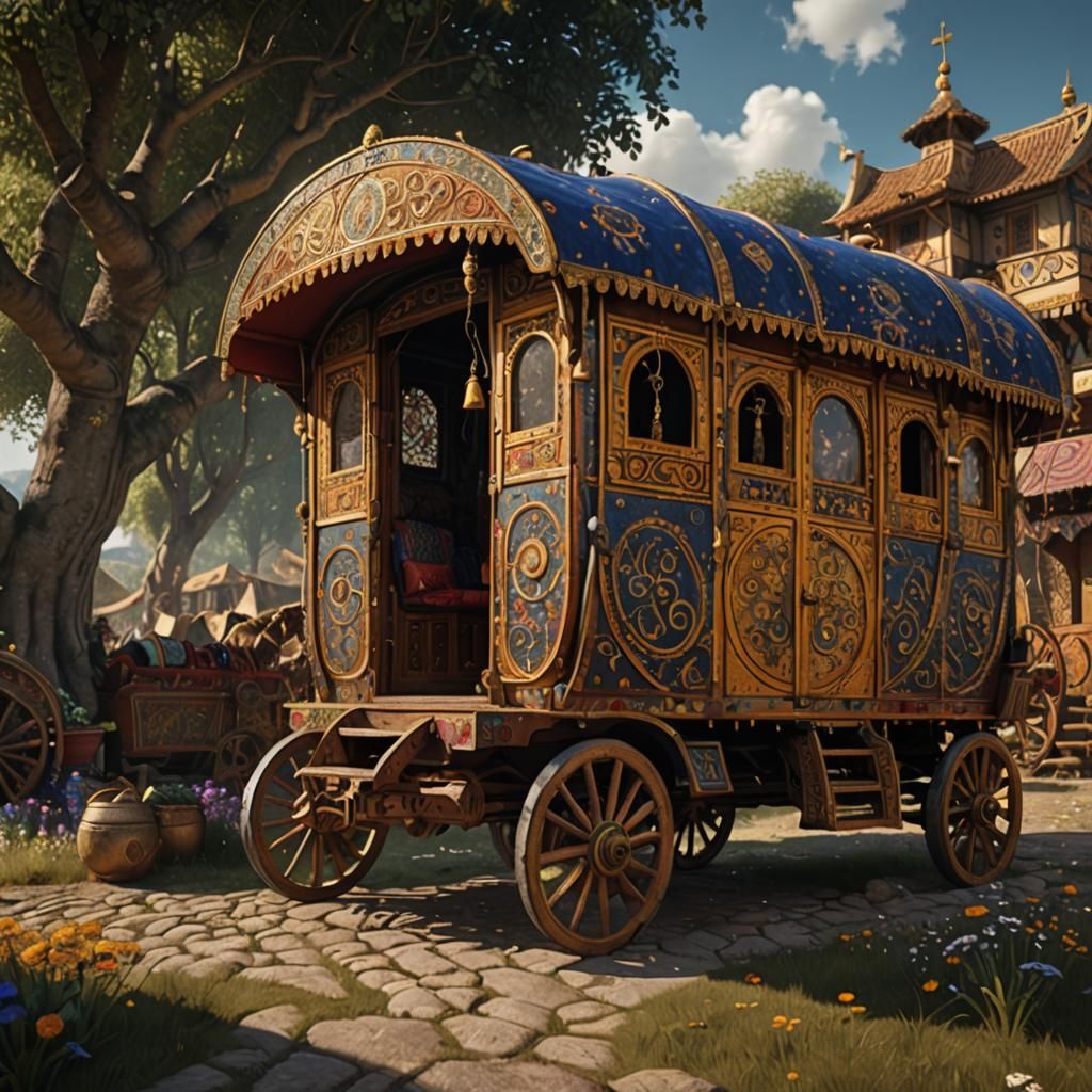 Gypsy Caravan in Klimt Style, Detailed Matte Painting
