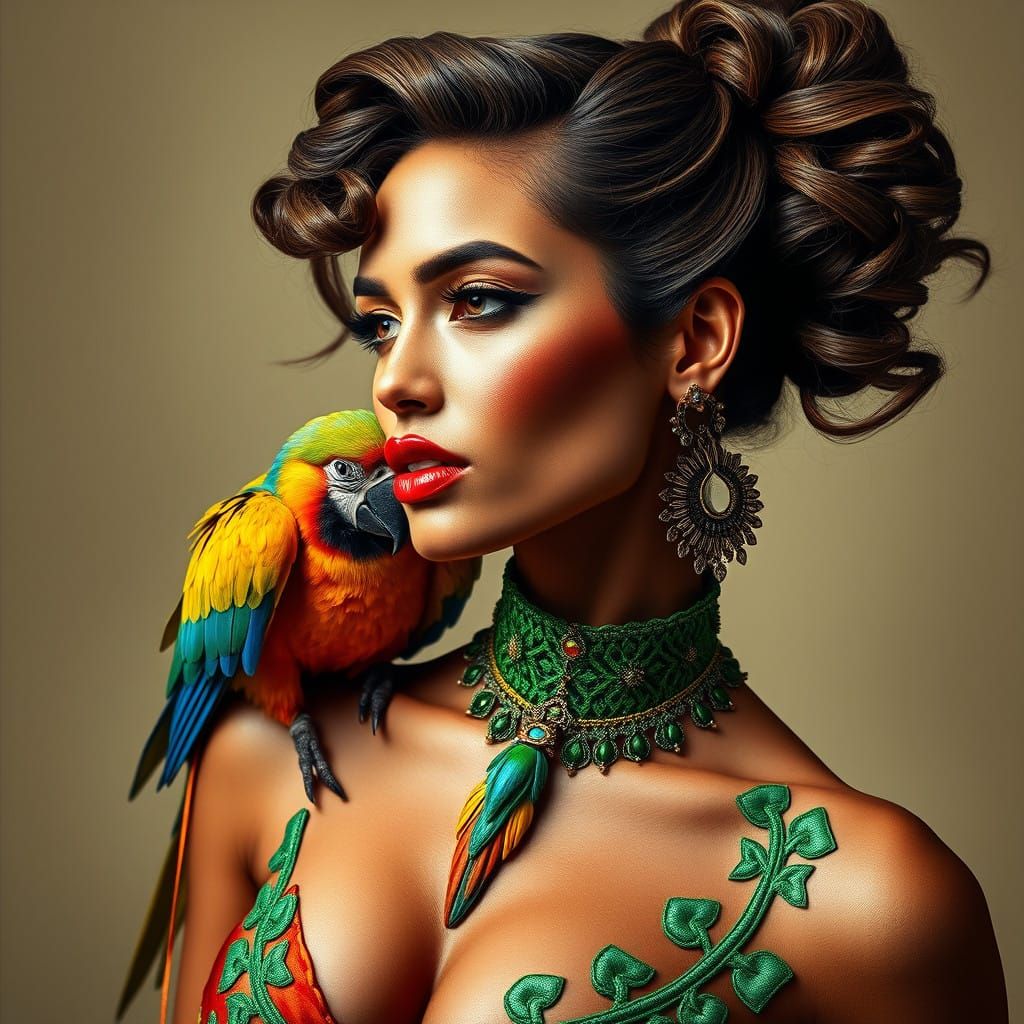 Confident Woman in Luxurious Attire with Majestic Macaw