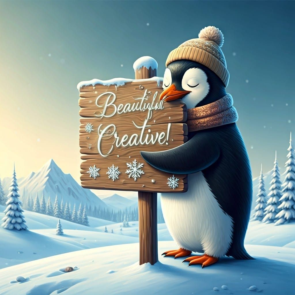 Penguin Embracing Rustic Winter Sign