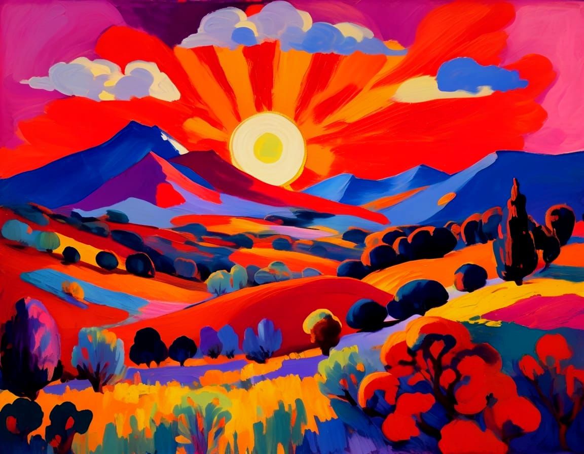 Fauvist Sunrise Over Valley With Vibrant Pigments