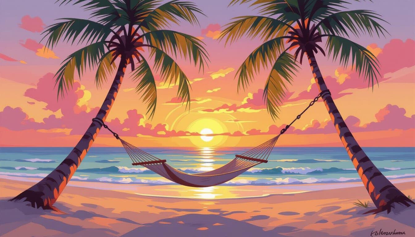 Peaceful Tropical Beach Hammock at Sunset