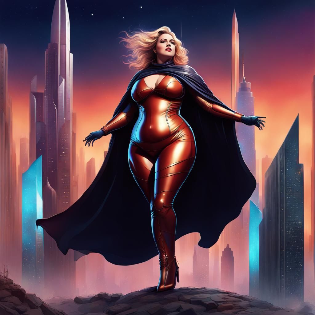 Martian Supergoddess Strides Through Sci-Fi Metropolis