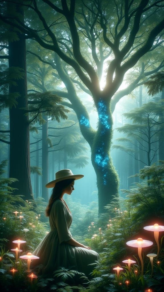 Dreamlike Botanist in Moonlit Garden