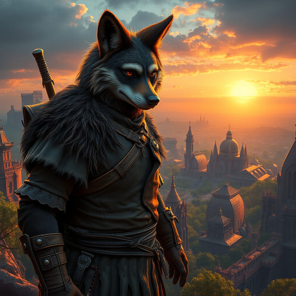 Kevin Coyote Hero in Fantasy Cityscape