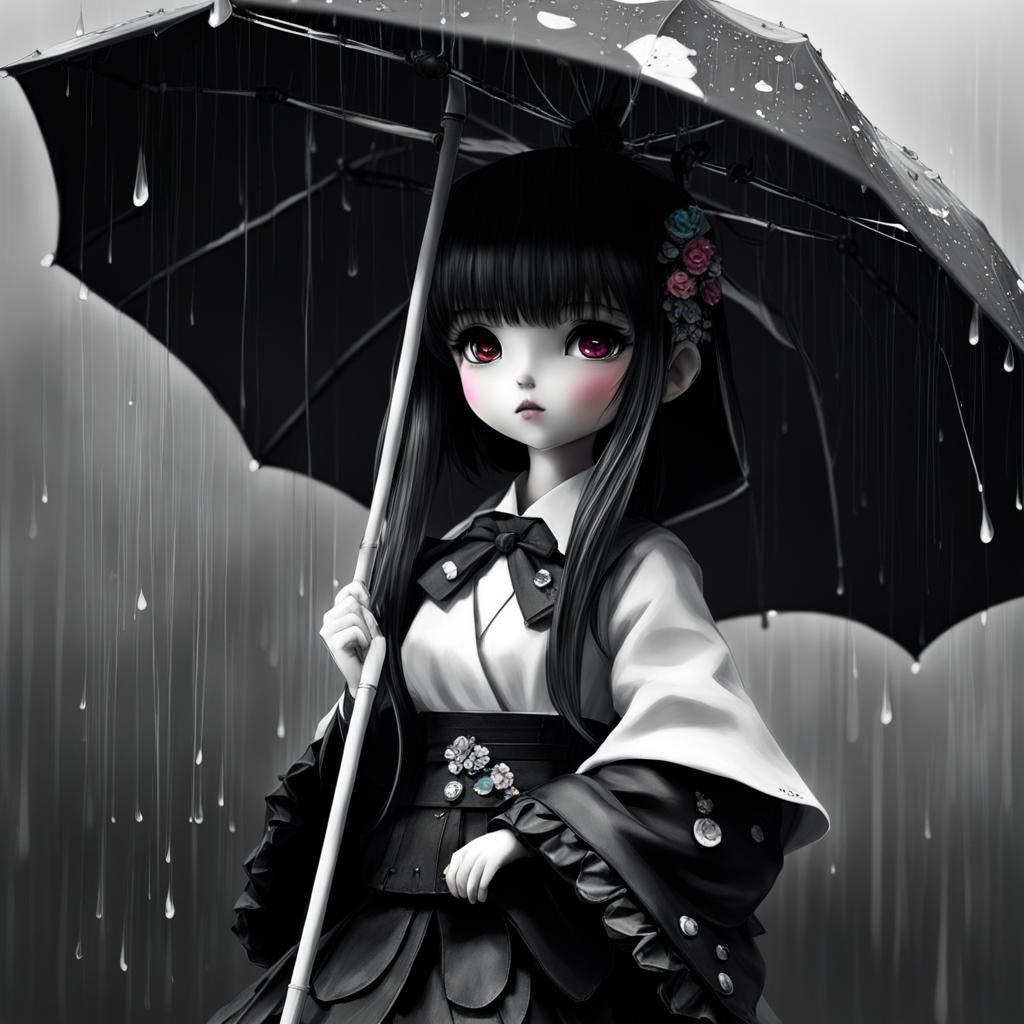 Selective Color Doll with Rainbow Umbrella