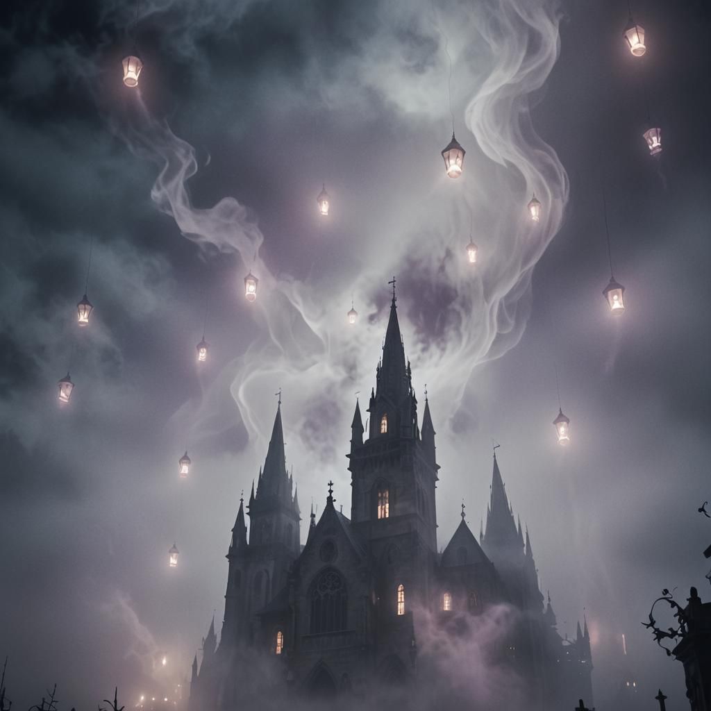 Ghosts Emerge from Fog in Gothic Setting