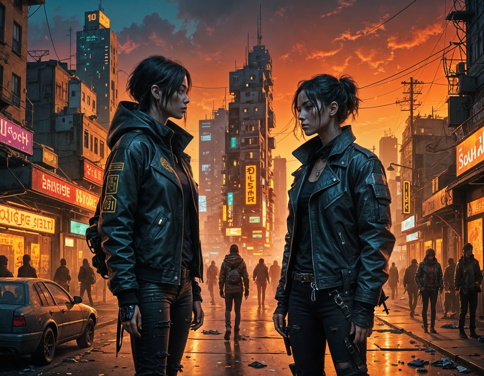 Cyberpunk Woman Patrolling Twilit Night City