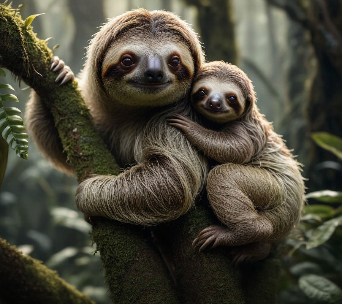 Adorable Sloth Family in Ethereal Jungle Light