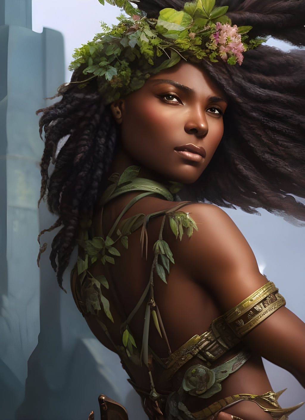 Muscular Woman Leaning on Obelisk in Lush Landscape