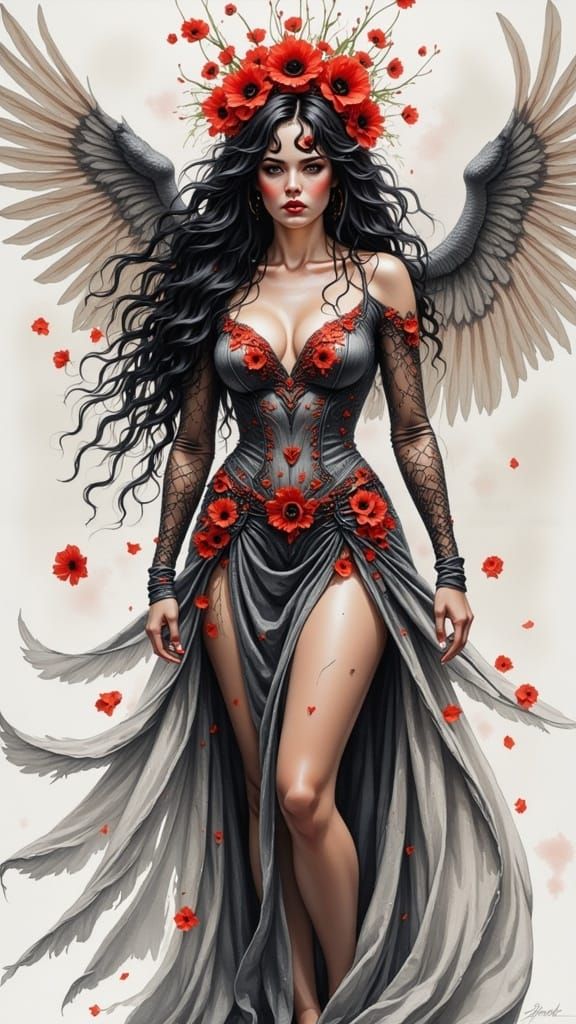 Goddess Portrait with Raven in Expressive Sketch Style