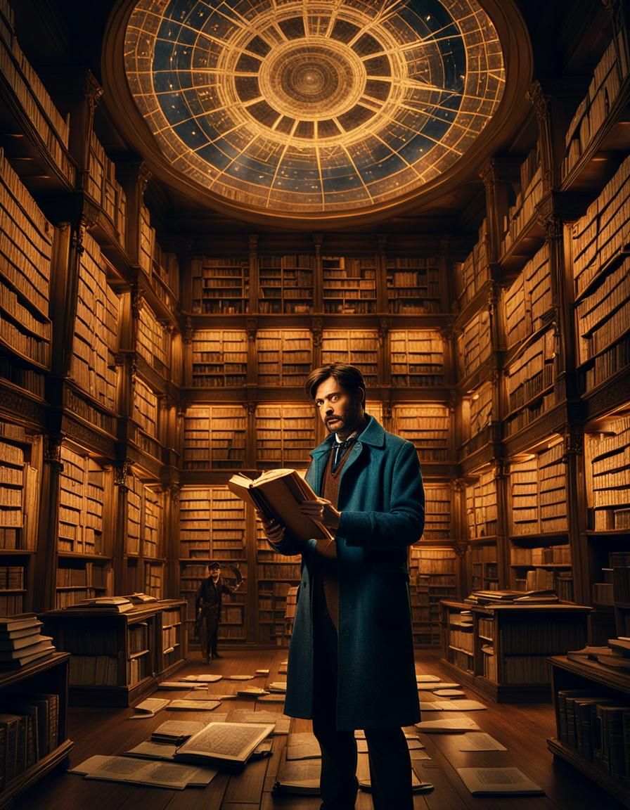 Surreal Man Surrounded by Glowing Blueprints in Library