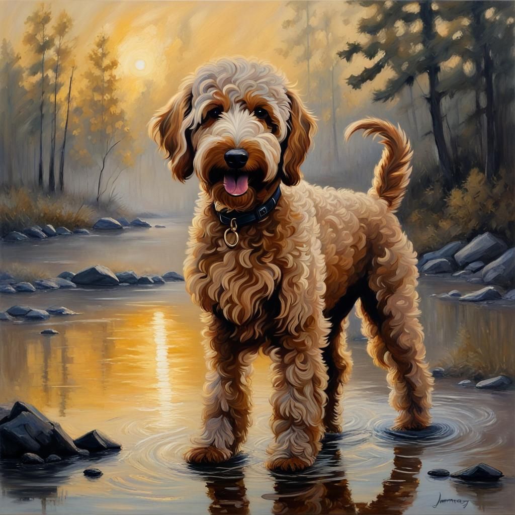 Black Goldendoodle in Golden Mist: Oil Painting Style