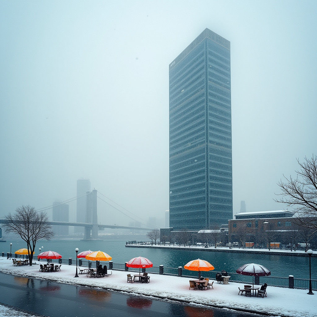 Snowy Skyscraper with Colorful Umbrellas, Photographic Style