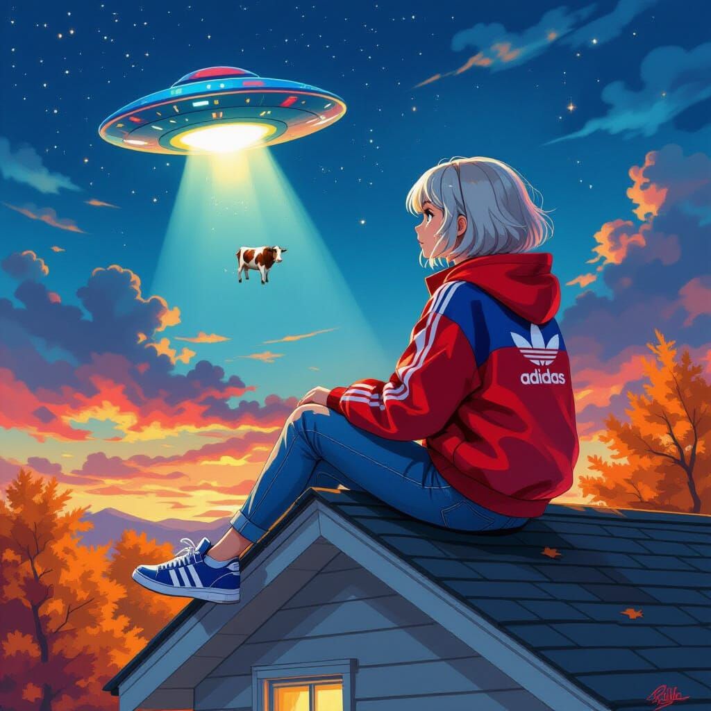 Anime Girl on Roof Watches UFO Steal Cow