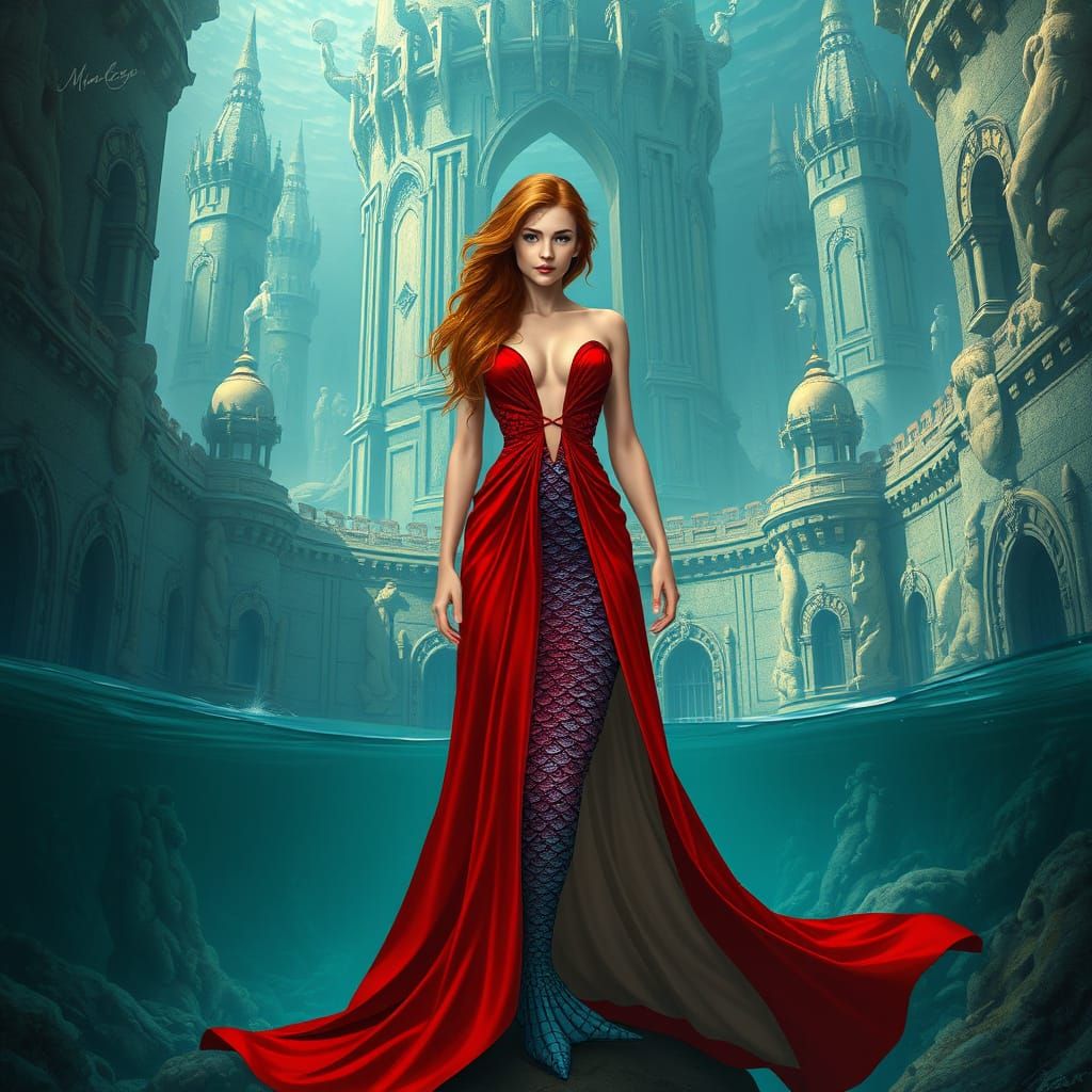 Mermaid in Red Dress Before Underwater Fortress