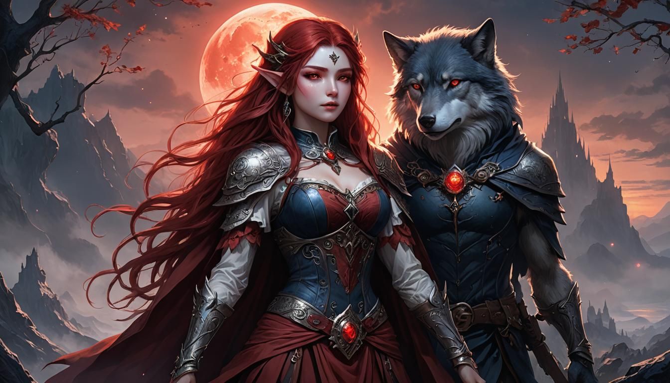 Wolf Girl and Elf Girl at Sunrise, Horror Style