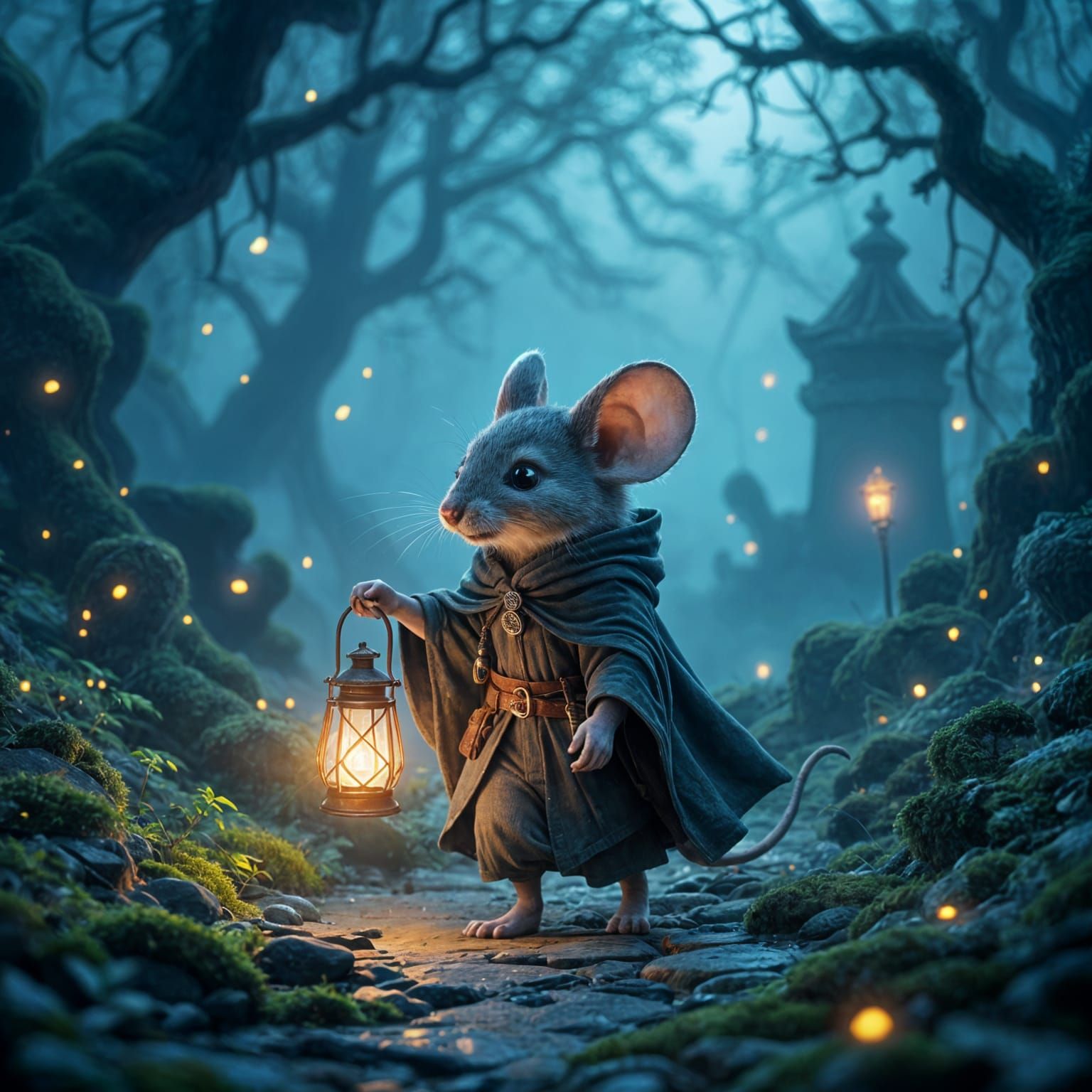 Anthropomorphic Mouse Wanderer in Misty Forest at Dusk