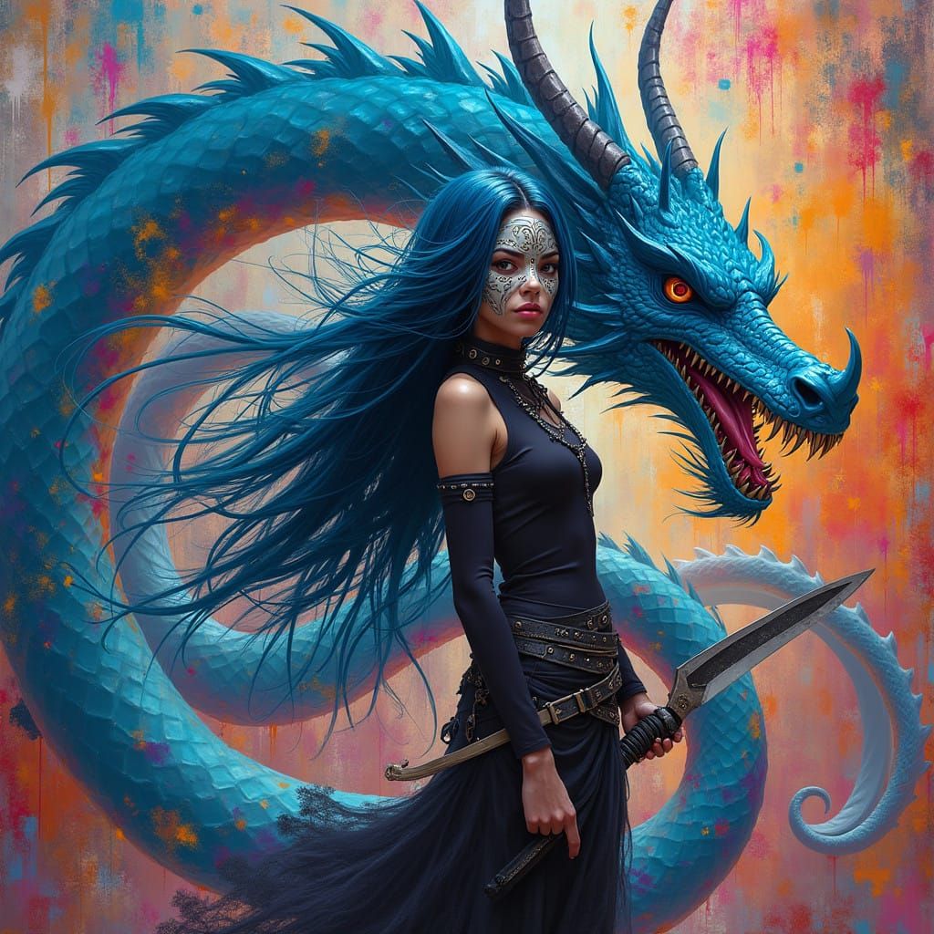 Mysterious Girl Surrounded by a Majestic Dragon in a Vibrant...