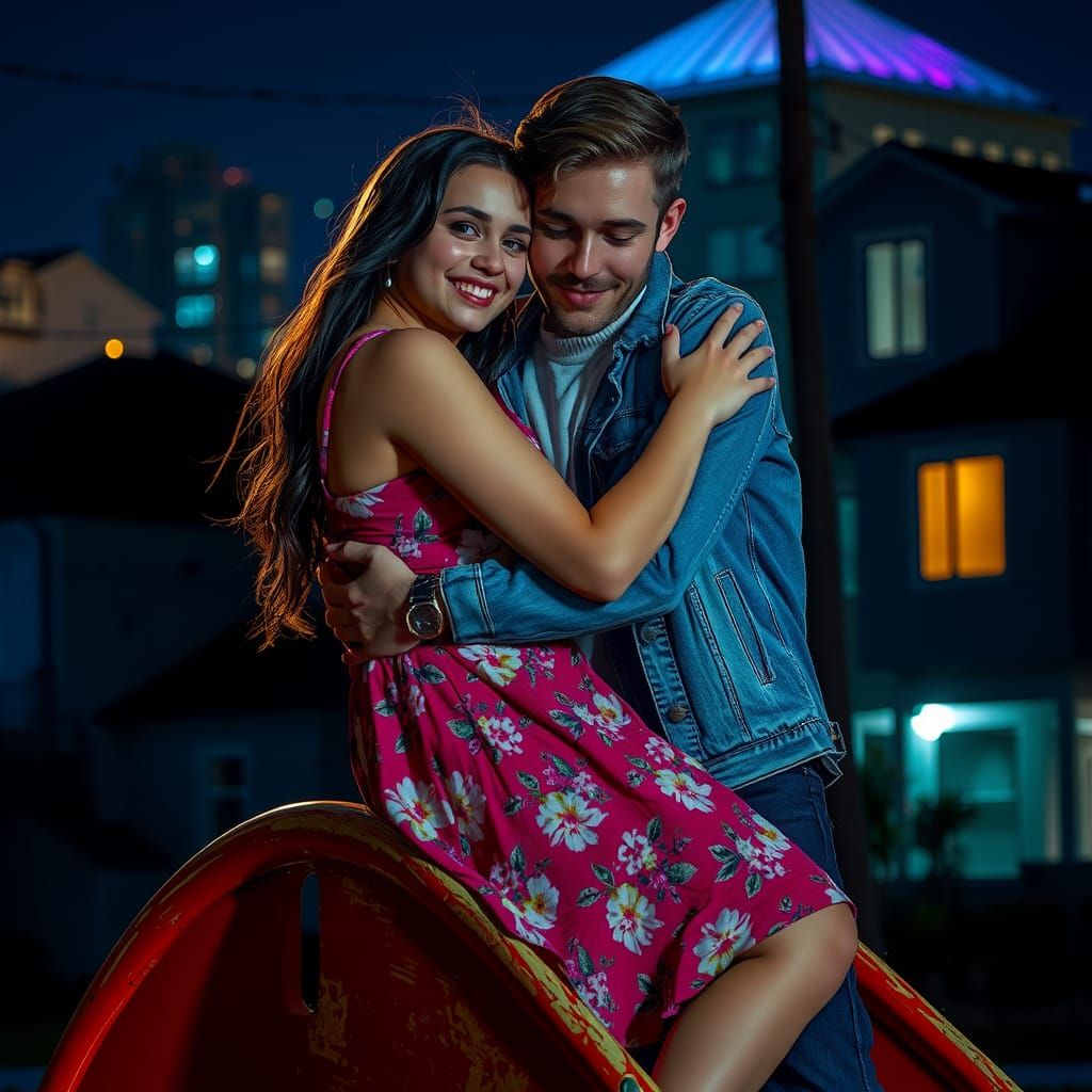 Lovers Embrace Under Neon City Lights